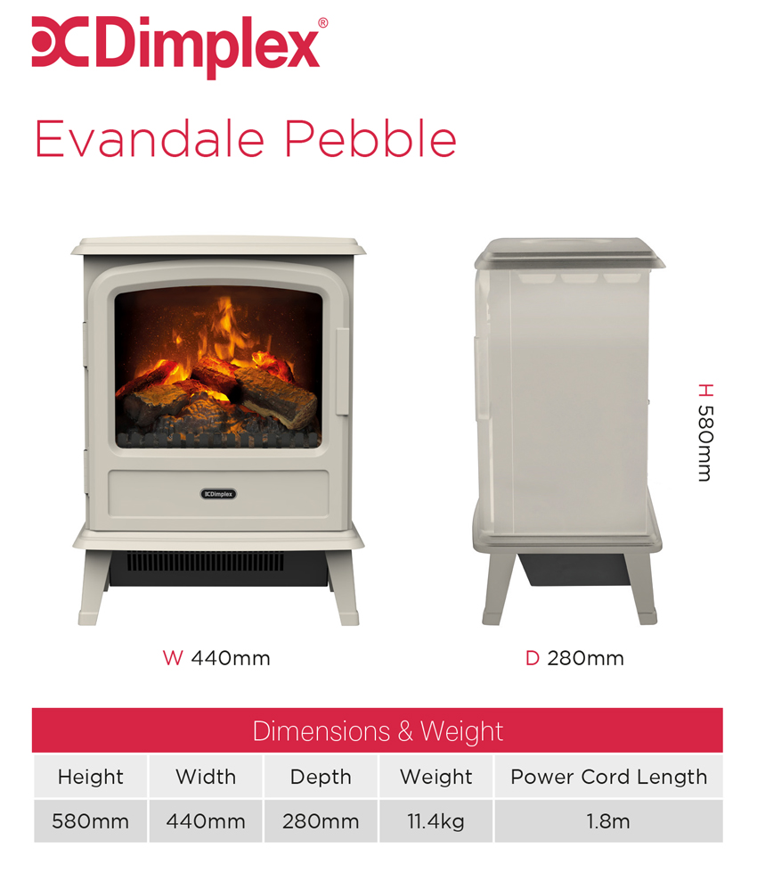 Dimplex Evandale Pebble Electric Stove Sizes