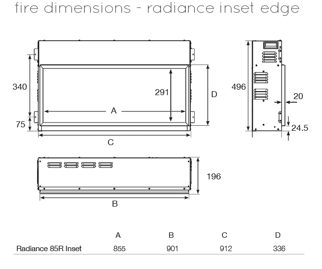 Gazco Radiance Inset 85R Electric Fire Dimensions