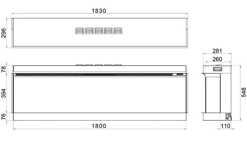 VisionFutura VF1800 Electric Fireplace SIzes