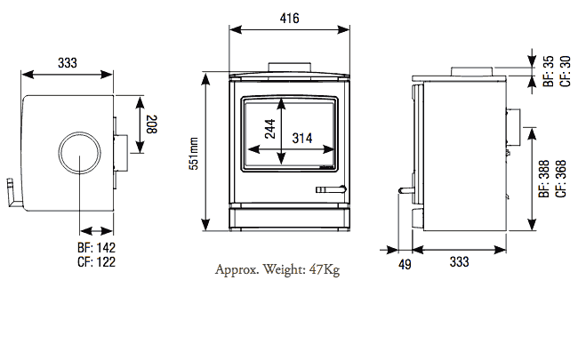 Yeoman CL5 Gas Stove Dimensions