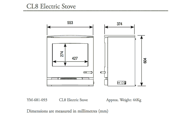 Yeoman CL8 Electric Stove Dimensions