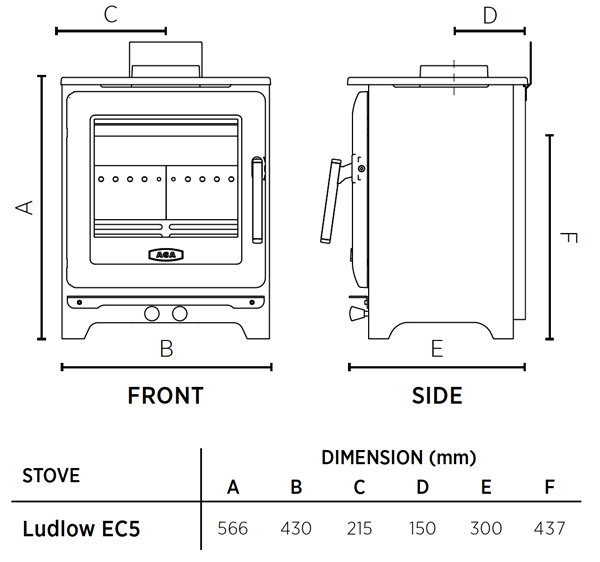 AGA Ludlow EC5 Multi-Fuel Stove Dimensions