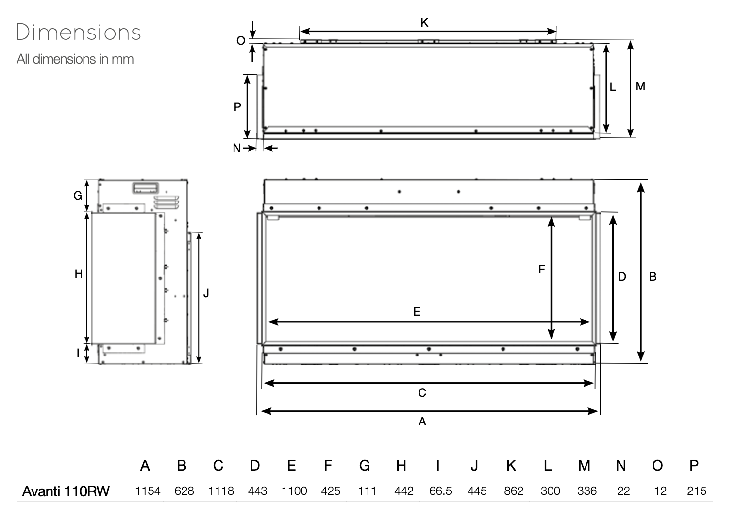 Avanti 110RW Electric Fire SIzes