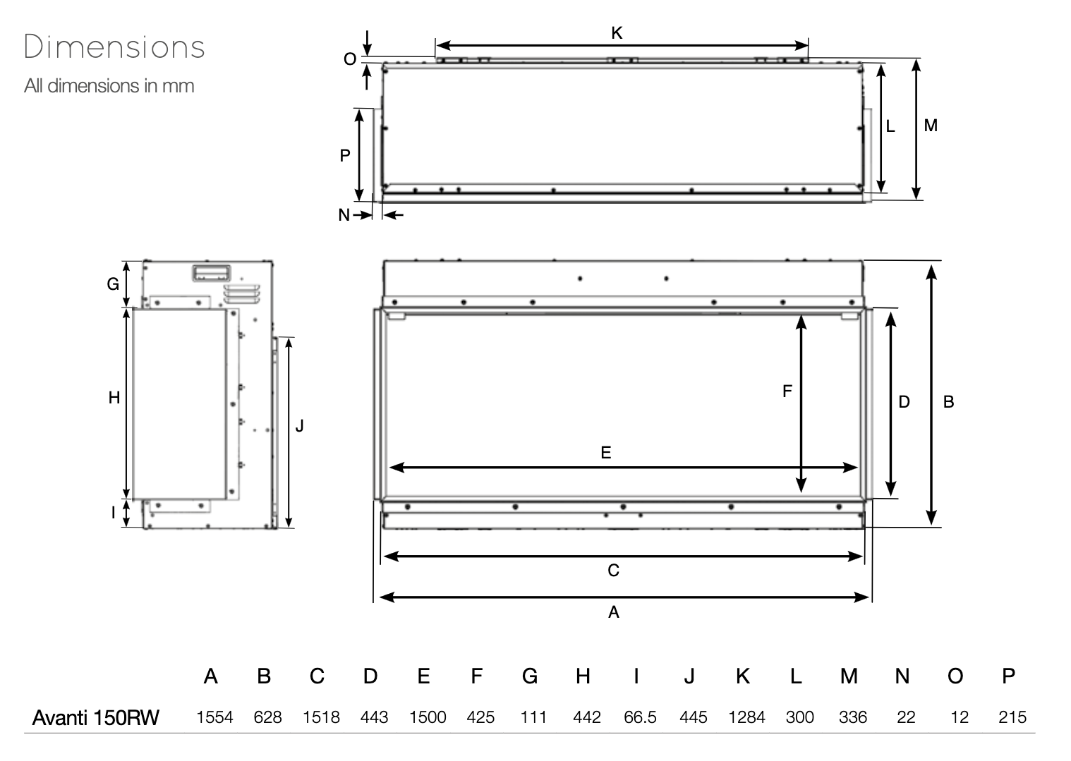 Avanti 150RW Electric Fire SIzes