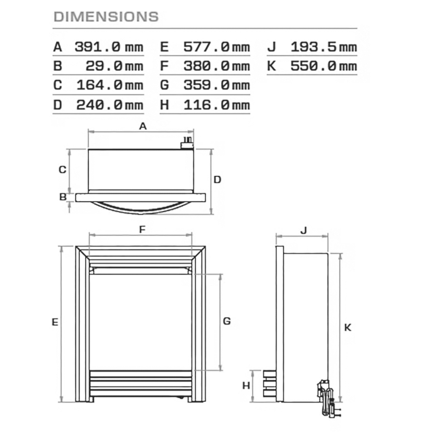 British Fires Sway 16" Electric Fire Dimensions