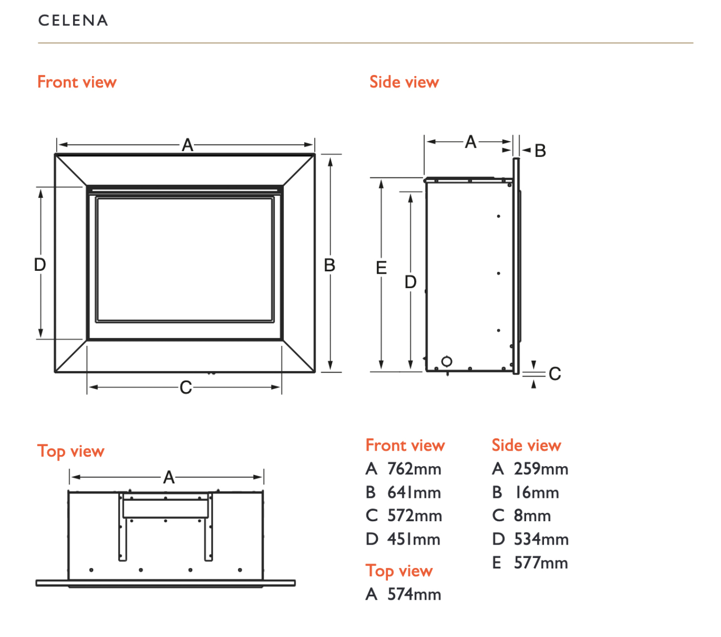 Celena HE Gas Fire Dimensions