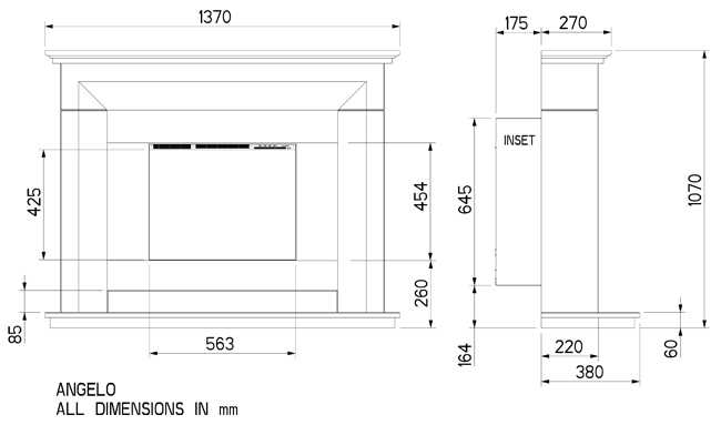 Celsi Ultiflame Angelo Suite Dimensions