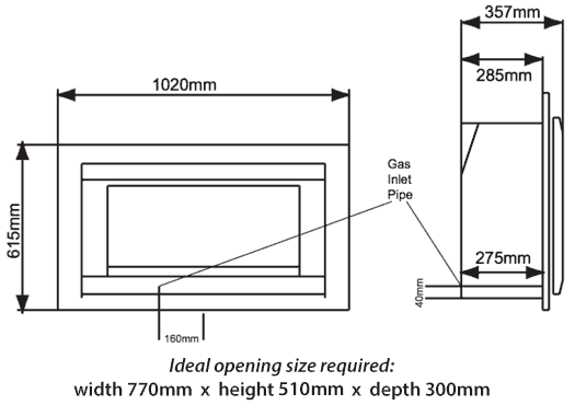 Crystal Miami Gas Fire Dimensions