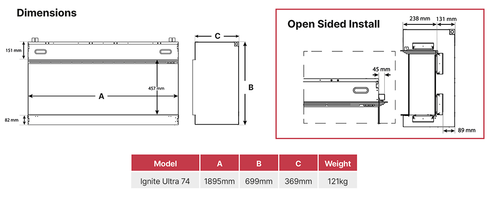 Sizes of Dimplex Ignite Ultra 74