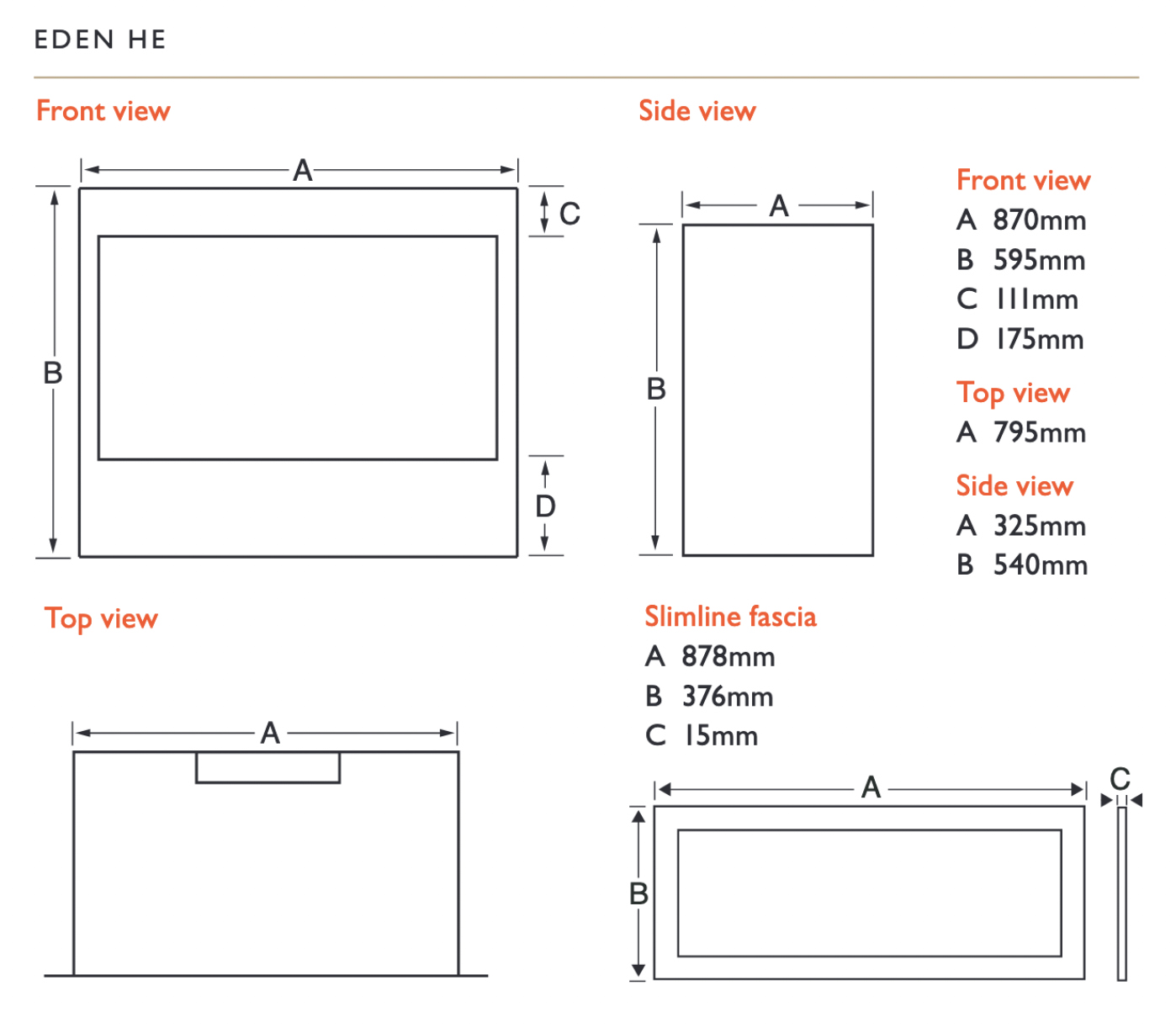 Eden HE Gas Fire Dimensions