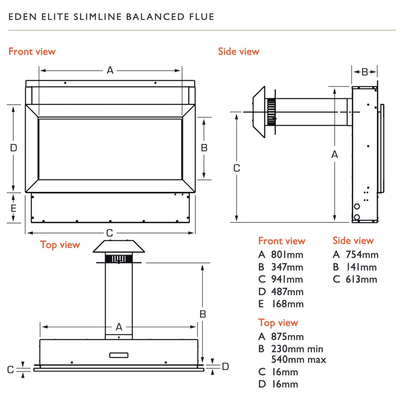 Eden Slimline Balanced Flue Gas Fire Dimensions