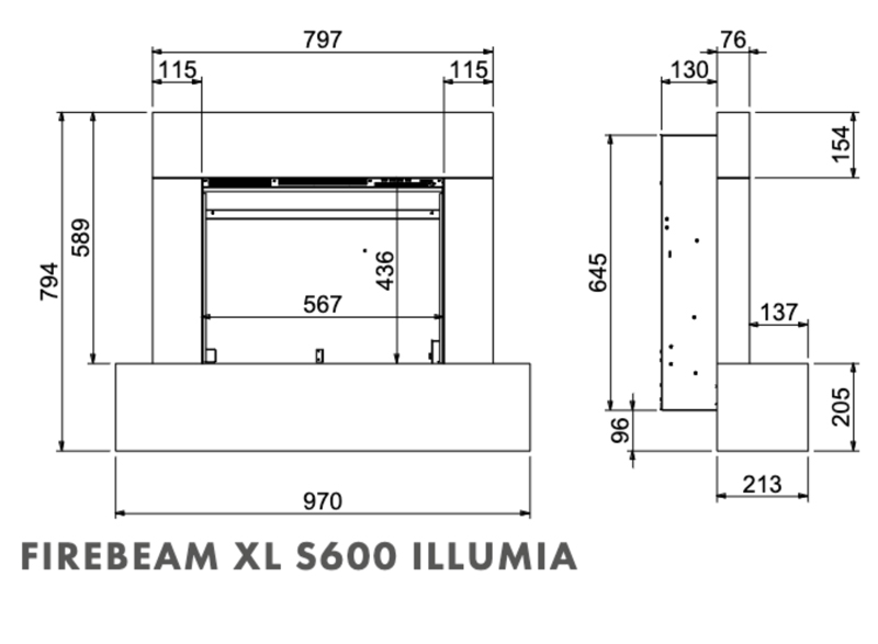Celsi Firebeam XL S600 Fireplace Suite Sizes