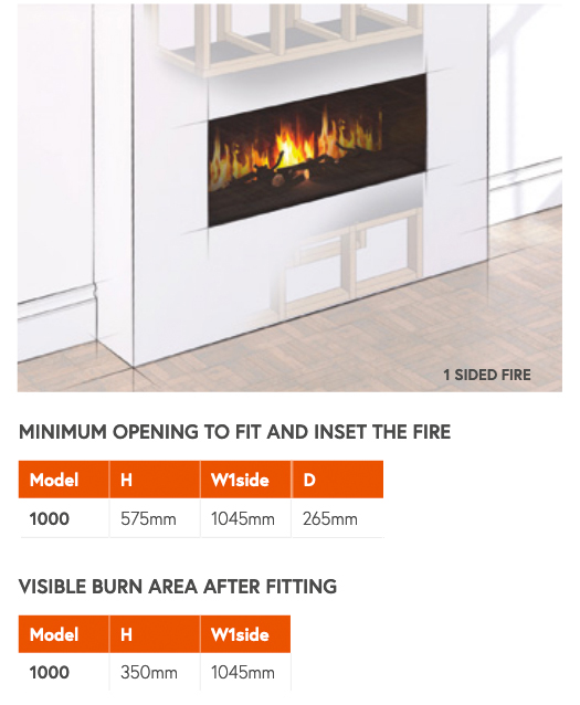 Flamerite Glazer 1000 1-Sided Electric Fire Dimensions