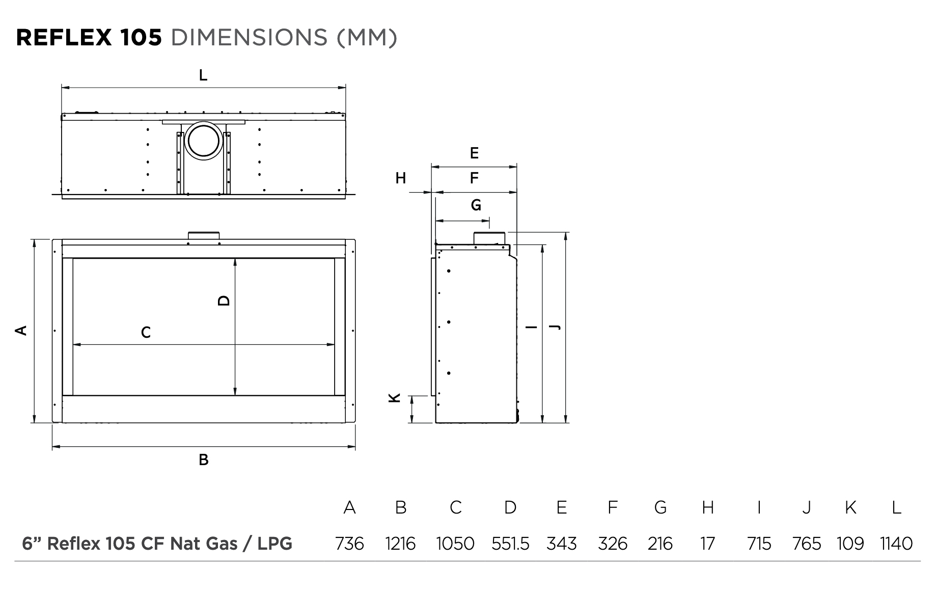 Gazco Reflex 105 Gas Fire Dimensions