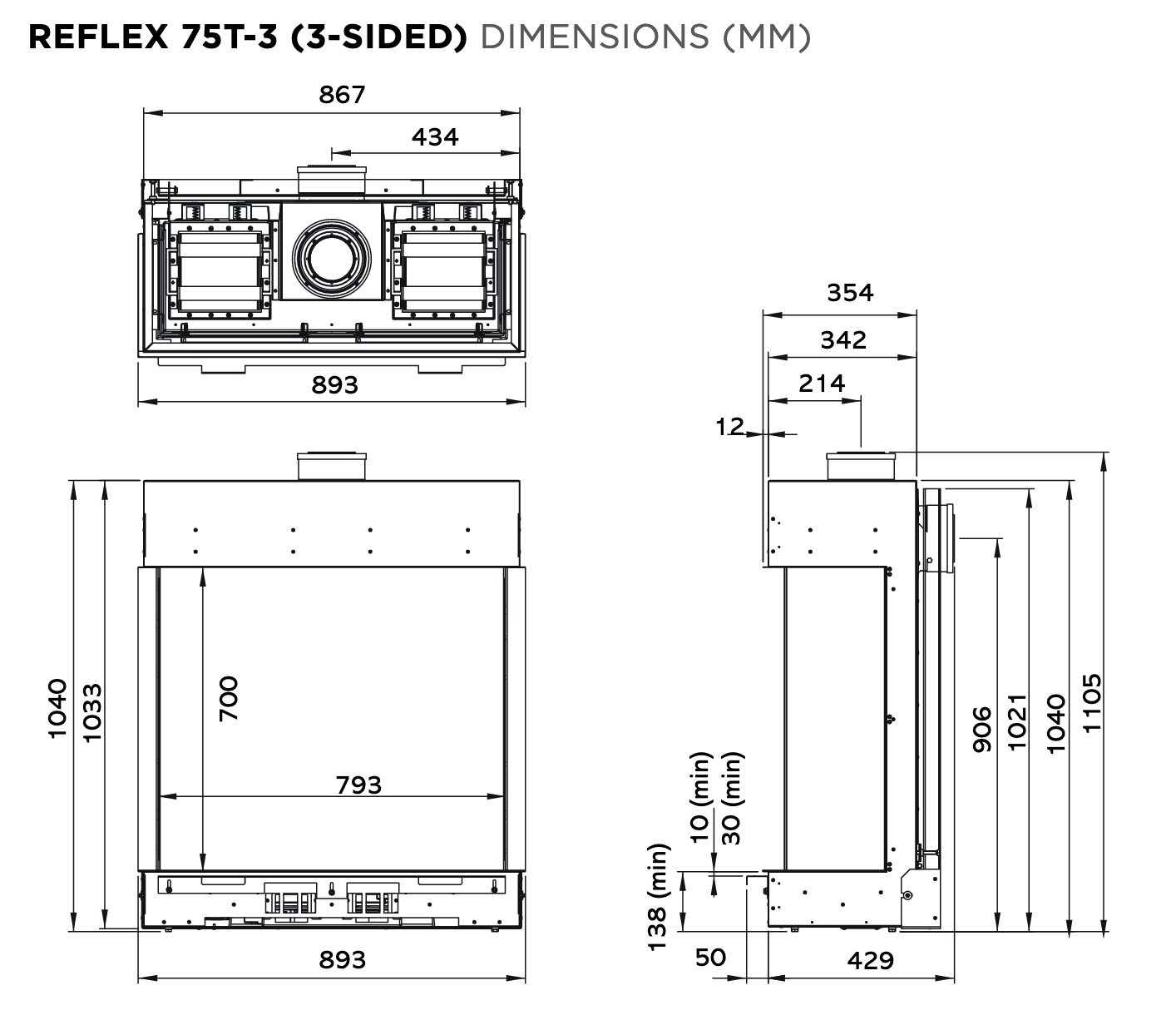 Gazco Reflex 75T-3 Three-Sided Dimensions