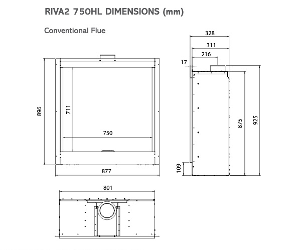 Gazco Riva2 750HL Edge Gas Fire Dimensions