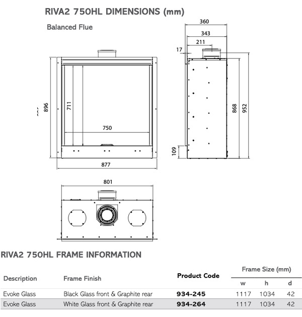 Gazco Riva2 750HL Evoke Glass Balanced Flue Gas Fire Sizes