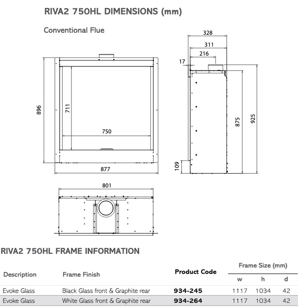 Gazco Riva2 750HL Evoke Glass Gas Fire Dimensions