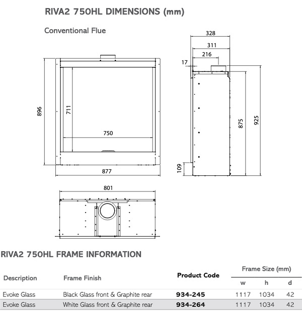 Gazco Riva2 750HL Evoke Glass Gas Fire Dimensions