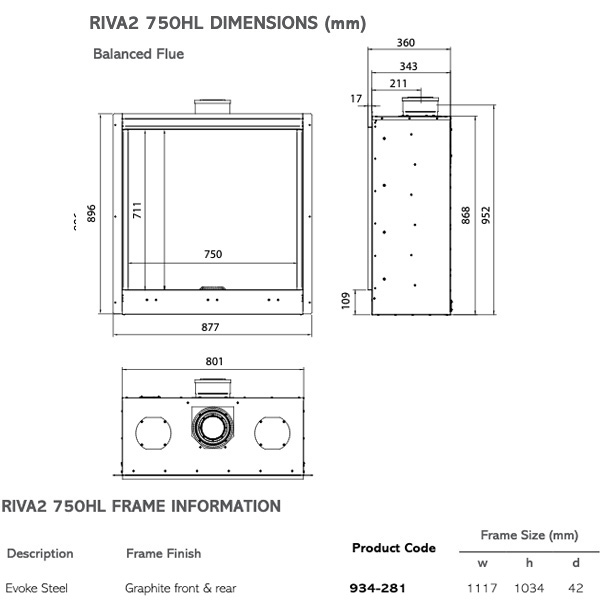 Gazco Riva2 750HL Evoke Steel Balanced Flue Gas Fire Sizes