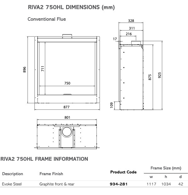 Gazco Riva2 750HL Evoke Steel Gas Fire Sizes