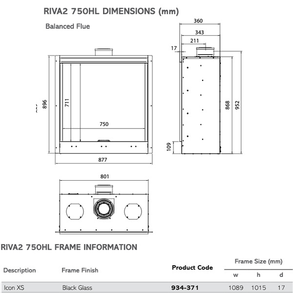 Gazco Riva2 750HL Icon XS Balanced Flue Gas Fire Sizes