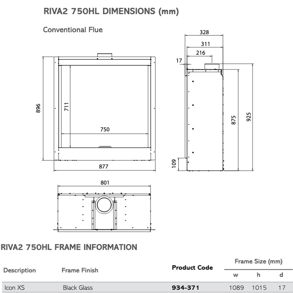 Gazco Riva2 750HL Icon XS Gas Fire Dimensions