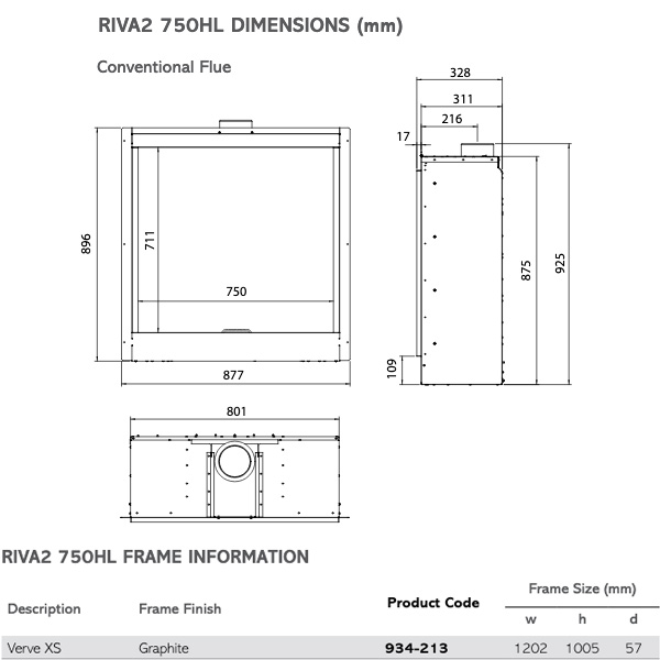 Gazco Riva2 750HL Verve XS Gas Fire Dimensions