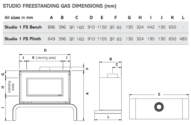 Gazco Studio 1 Balanced Flue Freestanding Gas Fire Dimensions