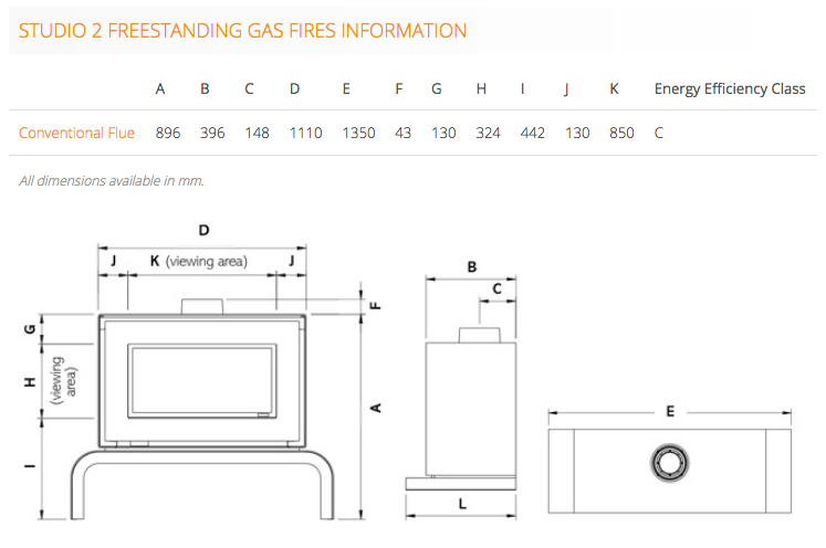 Gazco Studio 2 Freestanding Conventional Flue Gas Fire Sizes