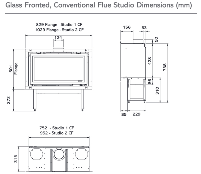 Gazco Studio Glass Fronted Conventional Flue Gas Fire Sizes