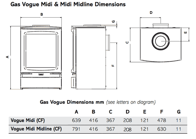 Gazco Vogue Midi Gas Stove Sizes