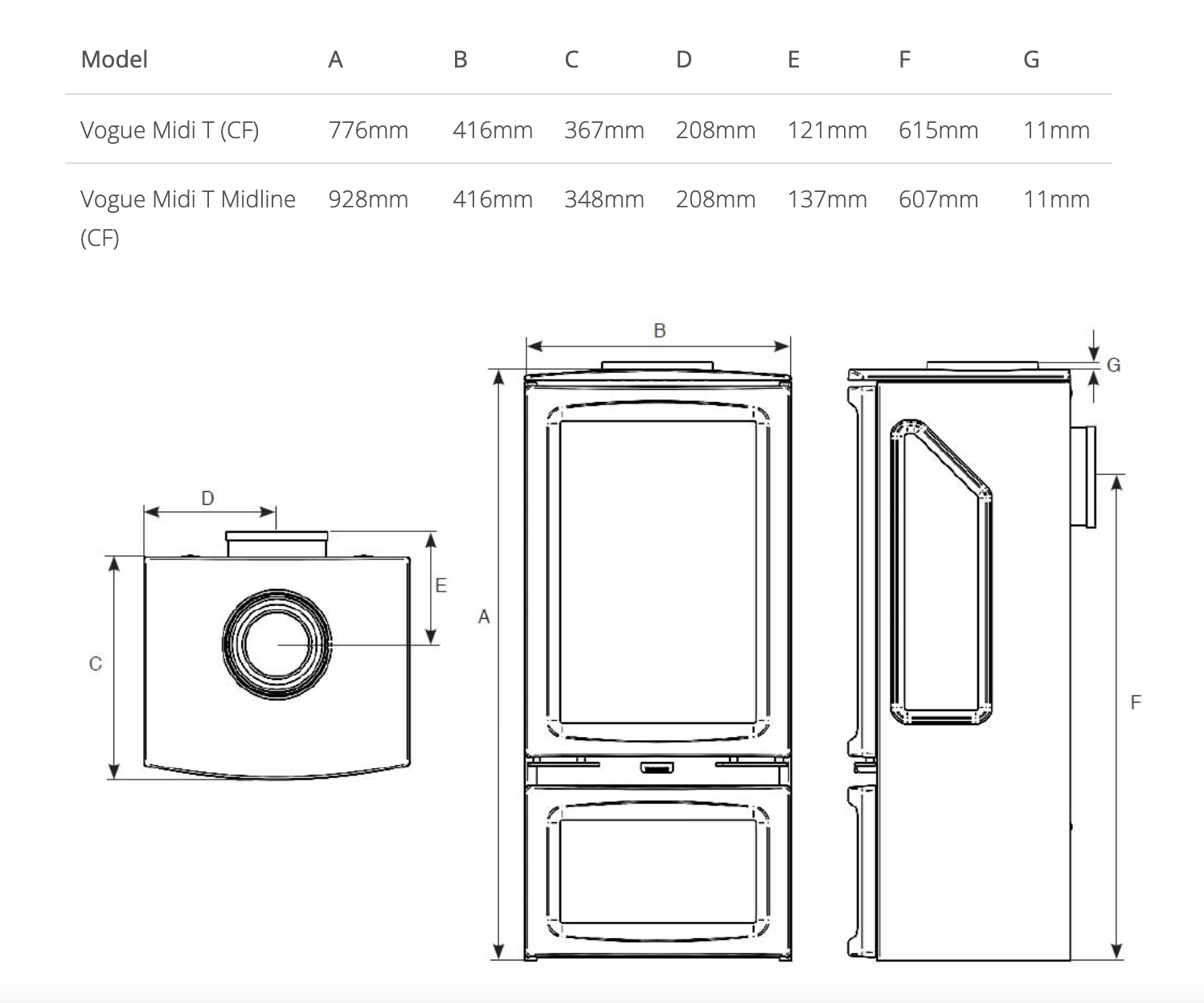 Gazco Vogue Midi T Gas Stove Sizes