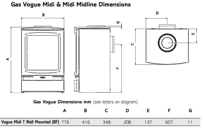 Gazco Vogue Midi T Wall Mounted Gas Stove Sizes