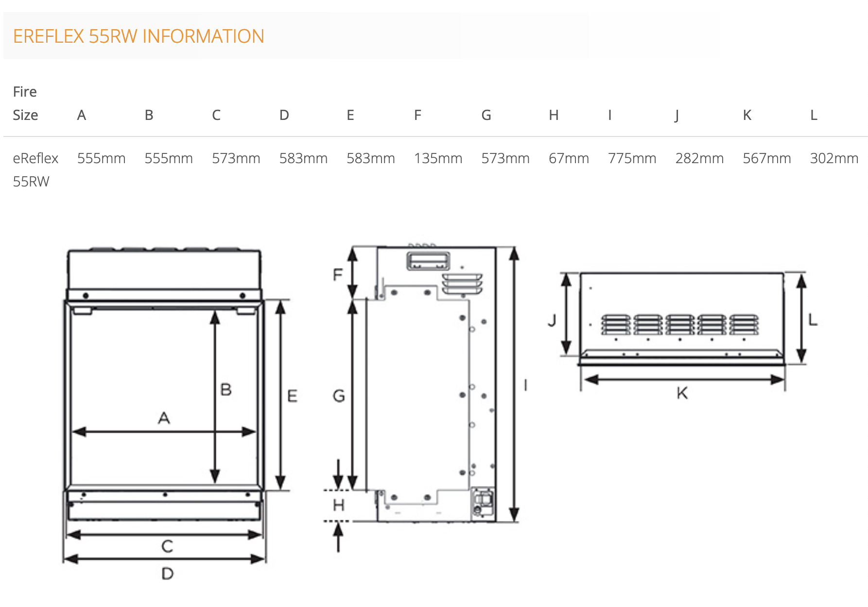 Gazco eReflex 55RW Fire Dimensions