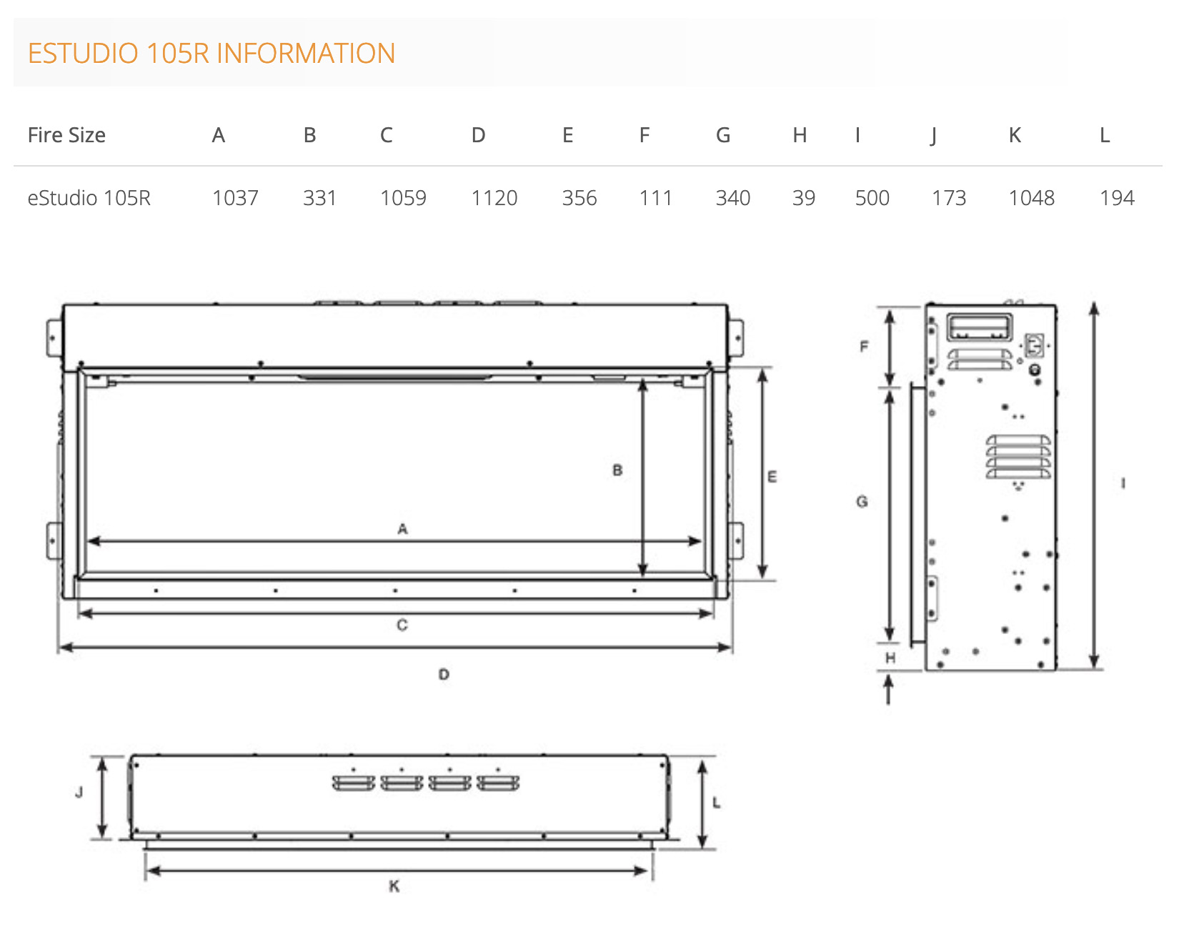 Gazco eStudio 105R Electric Fire Dimensions