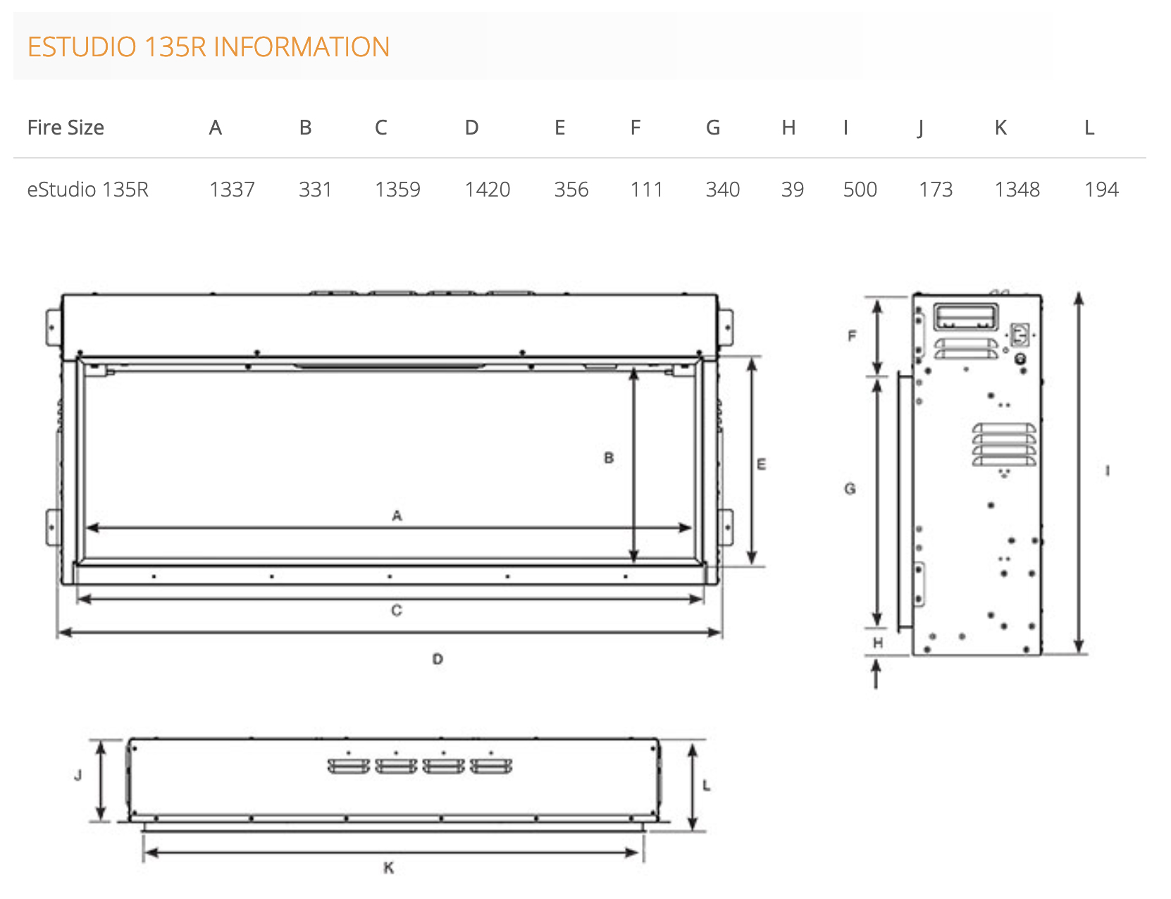 Gazco eStudio 135R Electric Fire Dimensions