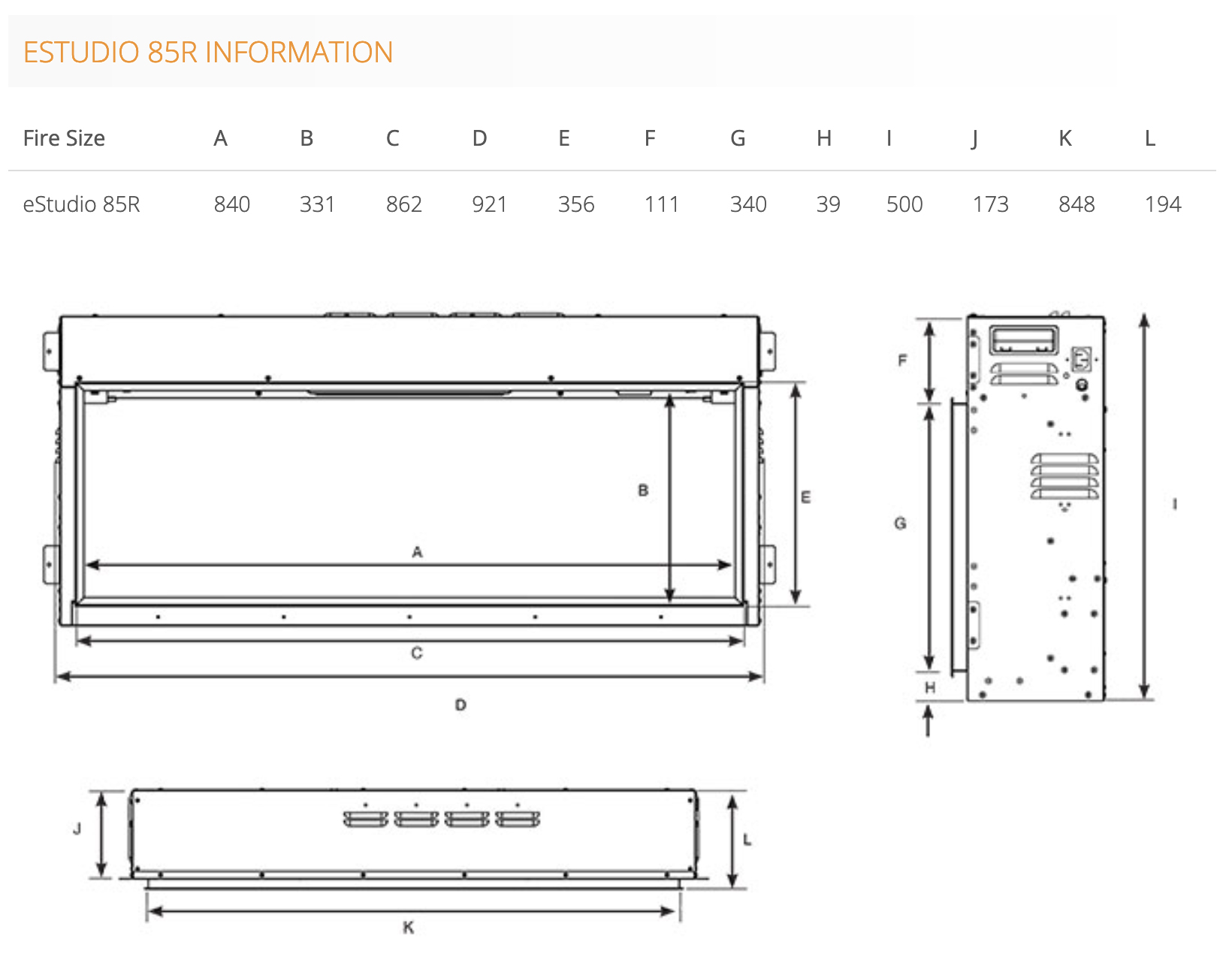 Gazco eStudio 185R Electric Fire Dimensions