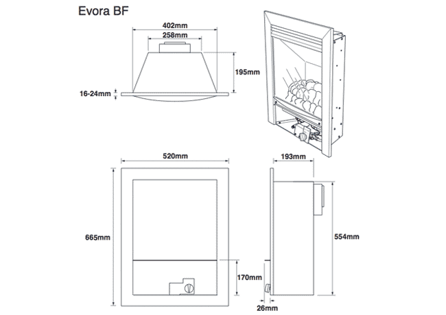 Legend Evora 4 Sided Balanced Flue Gas Fire Dimensions