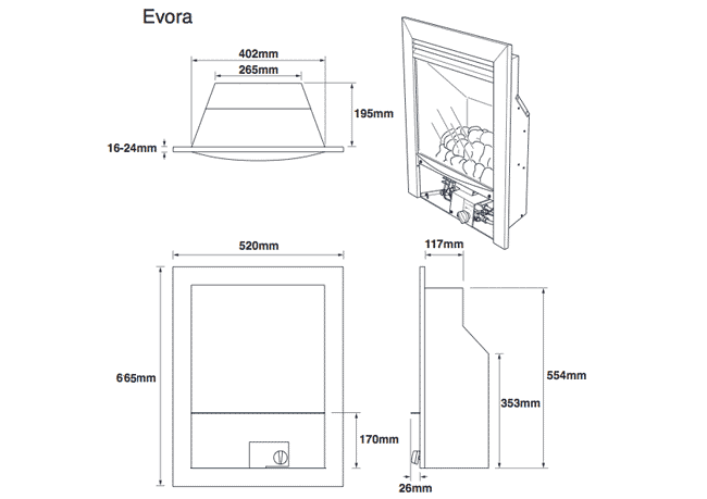 Legend Evora 4 Sided Gas Fire Dimensions