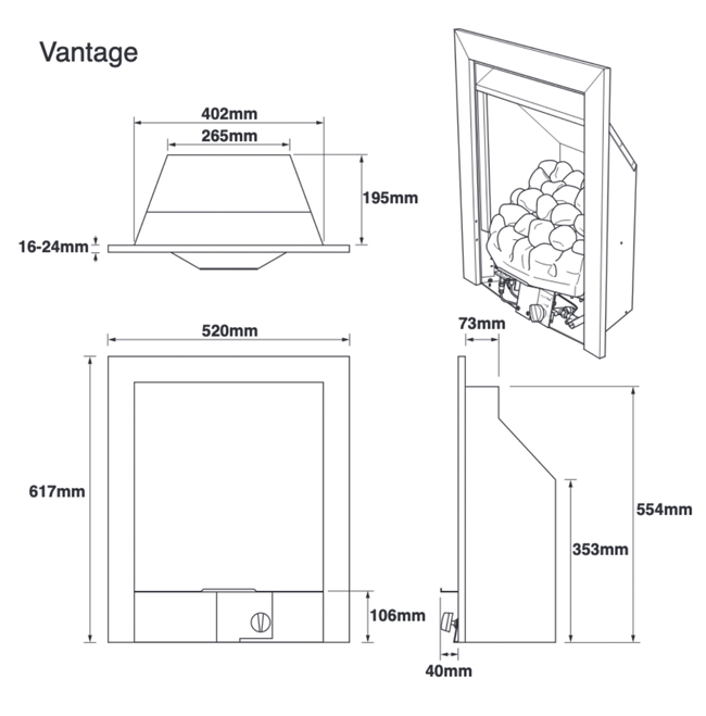 Legend Vantage 16" Gas Fire Dimensions