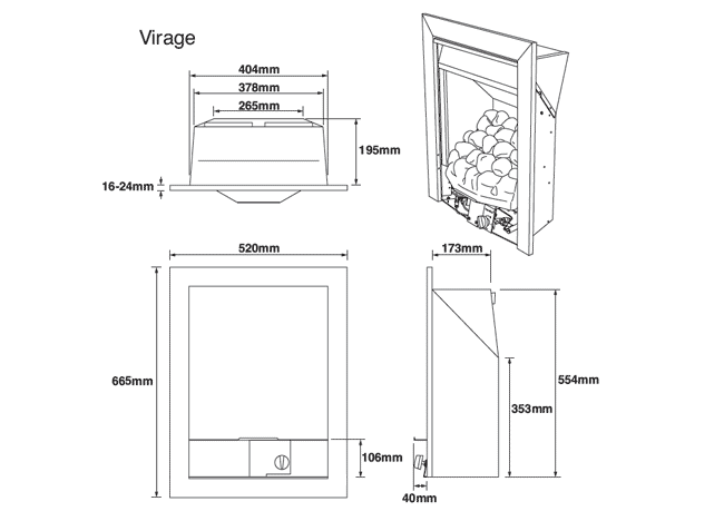 Legend Virage 4 Sided Gas Fire Dimensions