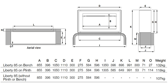 Gazco Liberty 85 Electric Stove Sizes