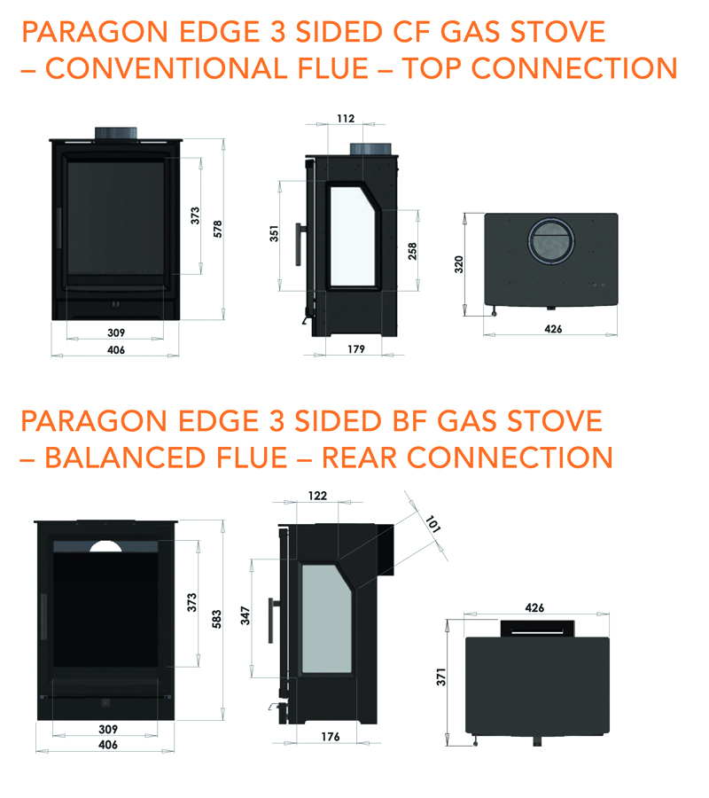 Paragon Edge 3S Balanced Flue Stove Dimensions