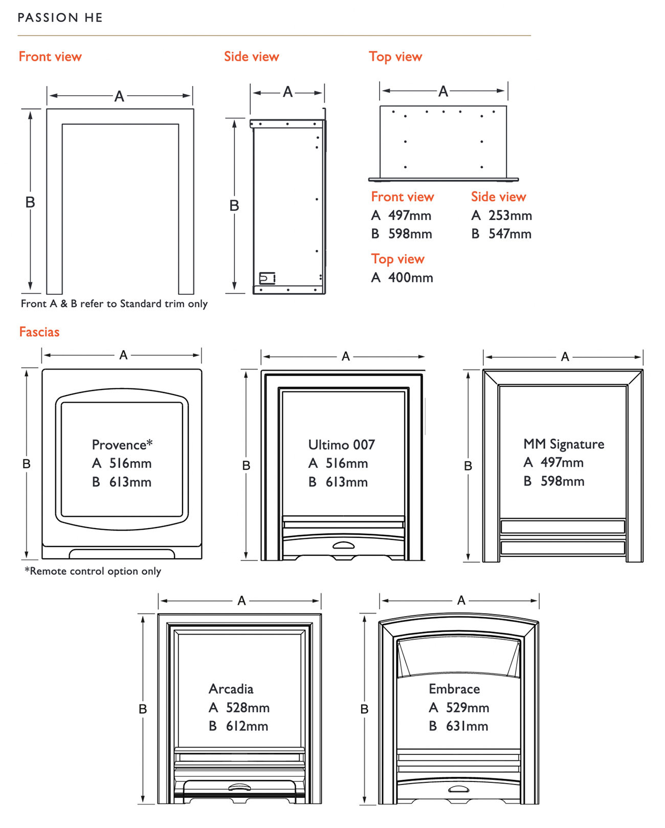 Kinder Passion HE Gas Fire Dimensions