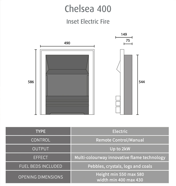 Pureglow Chelsea 400 Electric Fire Sizes