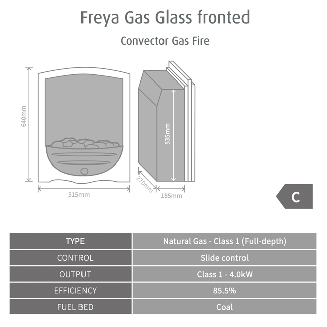 Pureglow Freya Glass Fronted Gas Fire Dimensions