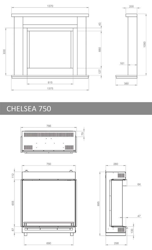 Pureglow Hanley with Chelsea 750 Electric Fireplace Suite Dimensions