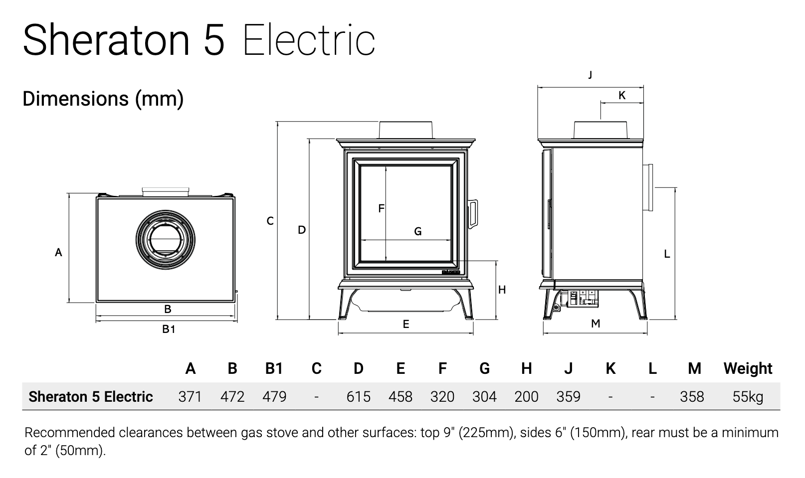 Gazco Sheraton 5 Electric Stove Sizes