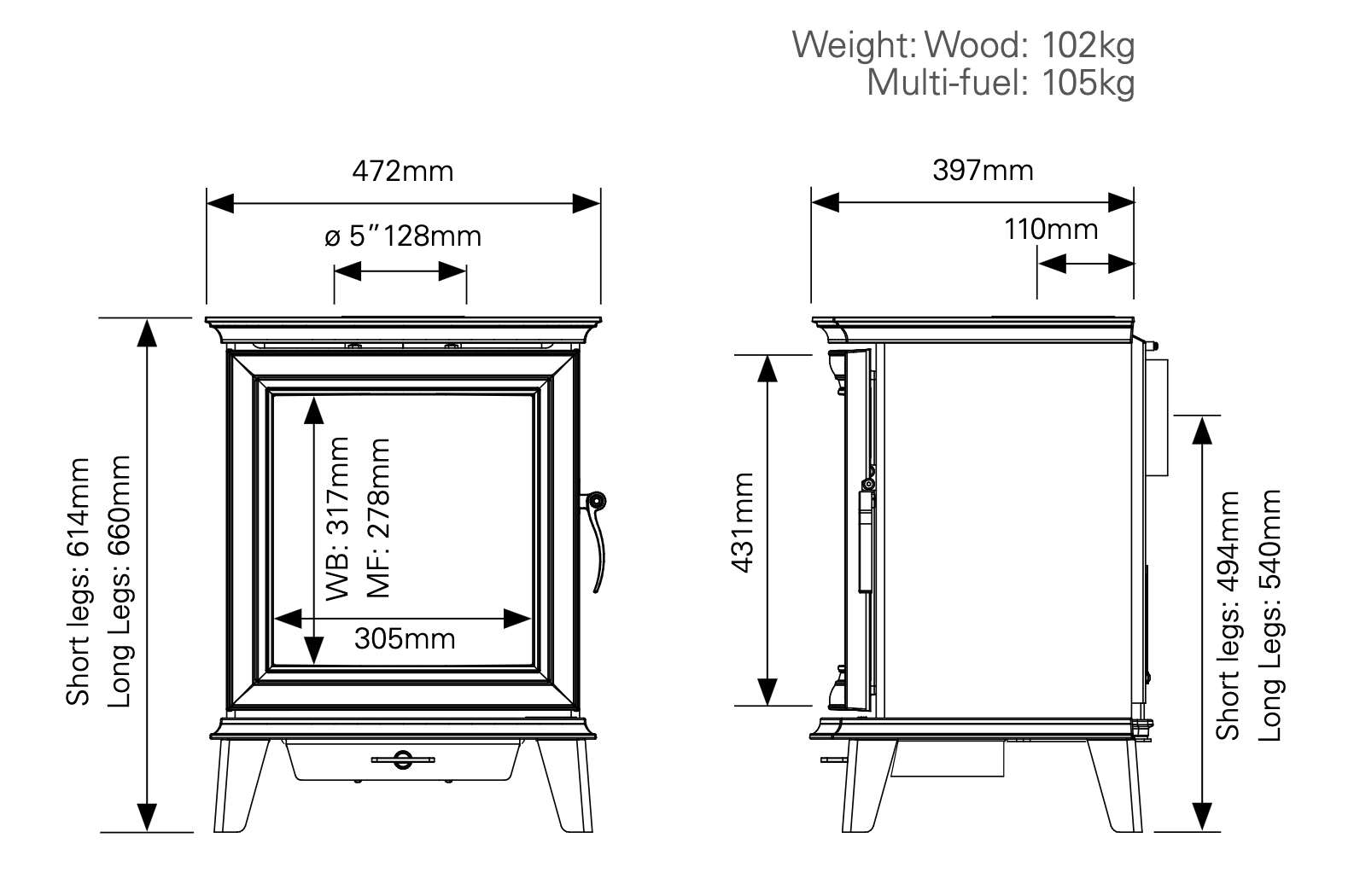 Stovax Chesterfield 5 Dimensions